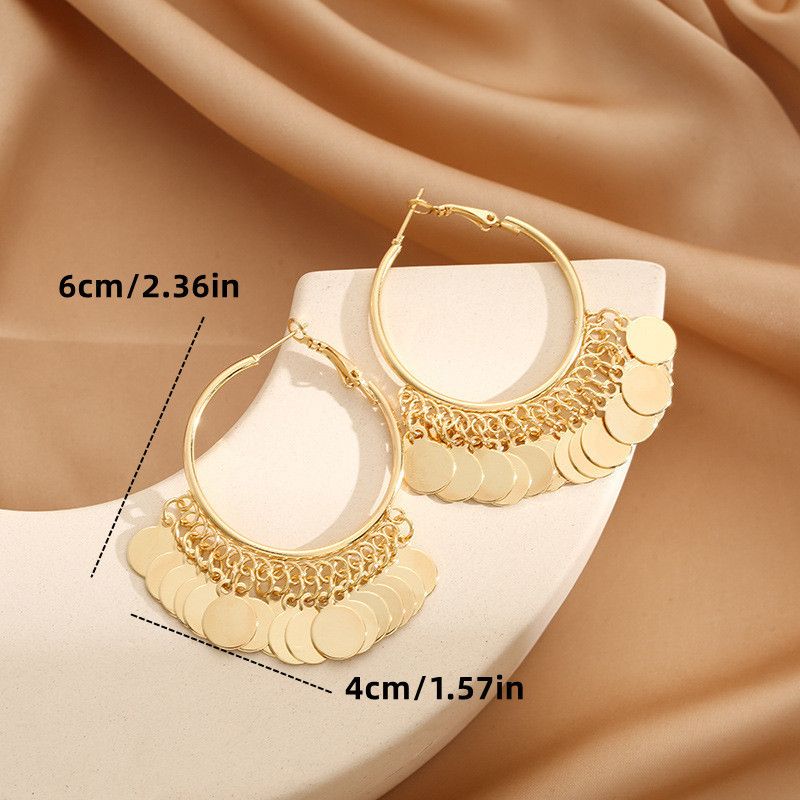 2 pairs Silver Coin Tassel Hoop Earrings - 6cm Statement Dangle Earrings with Layered Disc Charms, Lightweight Boho Fashion Jewelry for Women, Party and Daily Wear Accessory