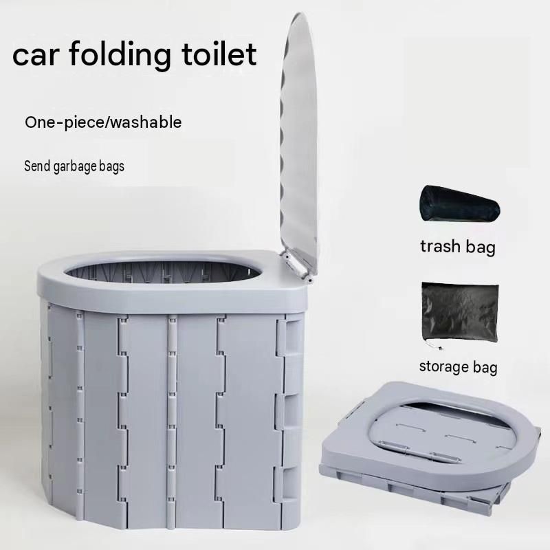 Grey Portable Folding Car Toilet -With toilet paper holder Heavy Duty ABS Collapsible Camping Potty with Lid, Washable Emergency Travel Commode for Road Trips, Outdoor & Home Use