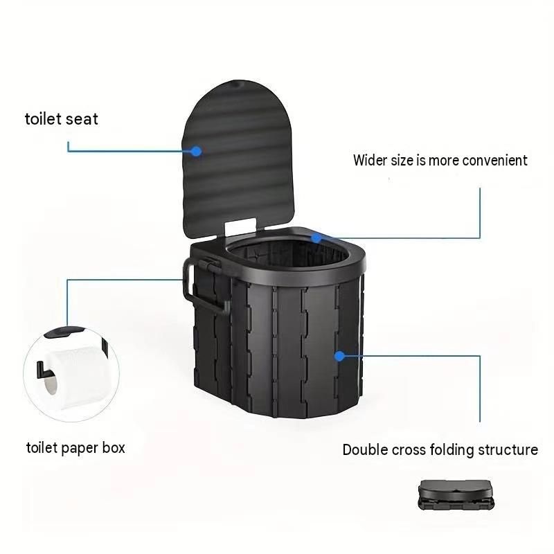 Black Portable Folding Car Toilet -With toilet paper holder Heavy Duty ABS Collapsible Camping Potty with Lid, Washable Emergency Travel Commode for Road Trips, Outdoor & Home Use