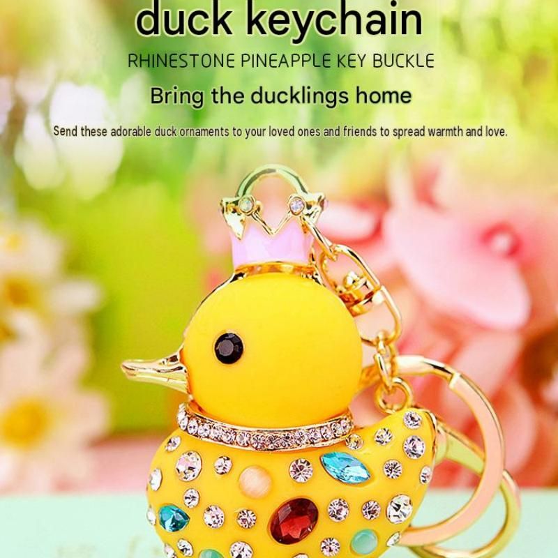 Yellow Rhinestone Duck Keychain with Crown - Cute Resin Duck Bag Charm and Car Key Ring, Gold Plated Alloy Accessory, Novelty Gift for Women and Girls