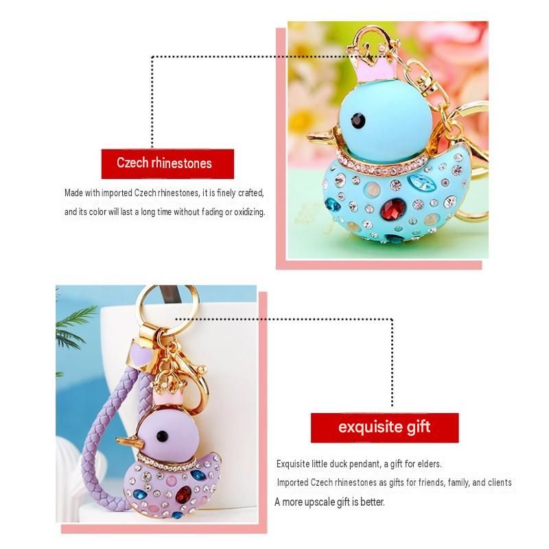 Yellow Rhinestone Duck Keychain with Crown - Cute Resin Duck Bag Charm and Car Key Ring, Gold Plated Alloy Accessory, Novelty Gift for Women and Girls