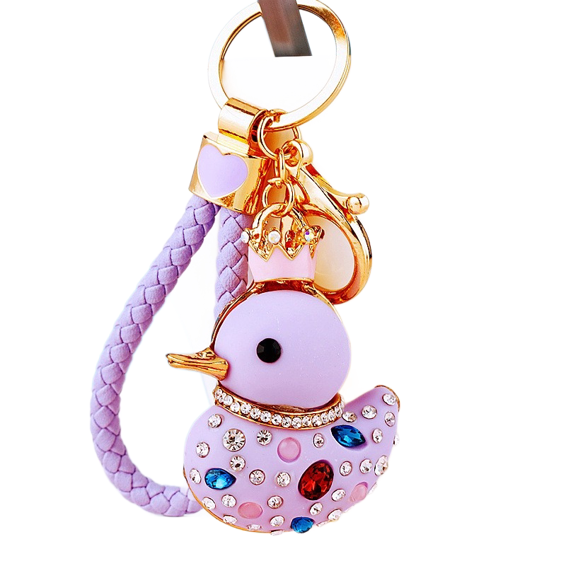 Purple Rhinestone Duck Keychain with Crown - Cute Resin Duck Bag Charm and Car Key Ring, Gold Plated Alloy Accessory, Novelty Gift for Women and Girls