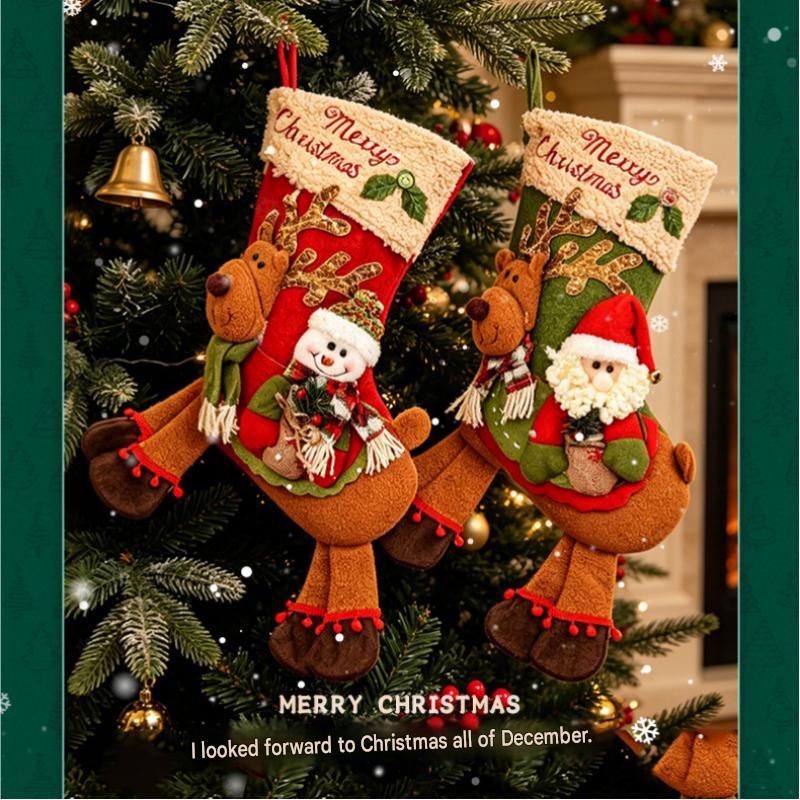 Santa Claus Riding a Reindeer Christmas Stocking - Large Plush Hanging Gift Bag, Festive Fireplace Mantel Decor and Holiday Party Ornament