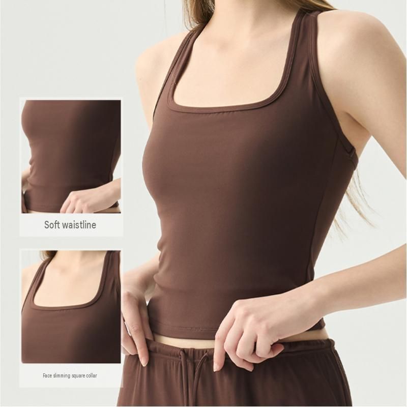 White Size S Women's Seamless Racerback Yoga Tank Top with Built-in Pads - Square Neck Sports Bra Vest, Breathable Polyester Activewear for Gym, Pilates, and Daily Wear
