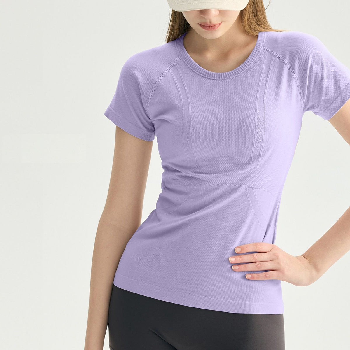 Purple L size Seamless Yoga Top Women - Lightweight Nylon Short Sleeve Workout Shirt - Breathable Mesh Structure, Slimming Waist Fit, Quick Dry Athletic Tee for Running Gym Fitness