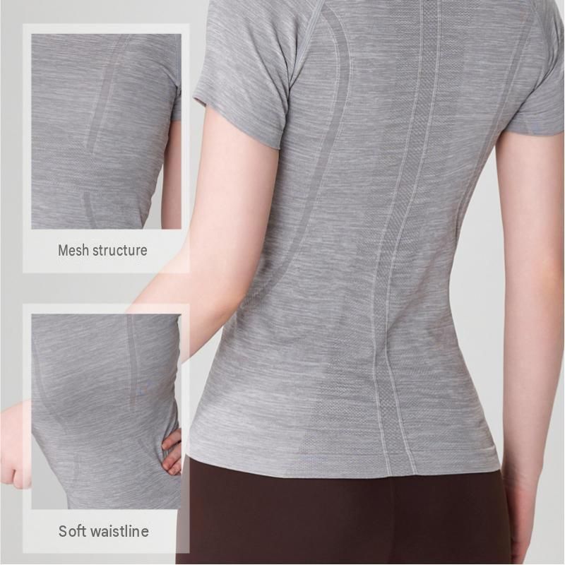 Purple L size Seamless Yoga Top Women - Lightweight Nylon Short Sleeve Workout Shirt - Breathable Mesh Structure, Slimming Waist Fit, Quick Dry Athletic Tee for Running Gym Fitness
