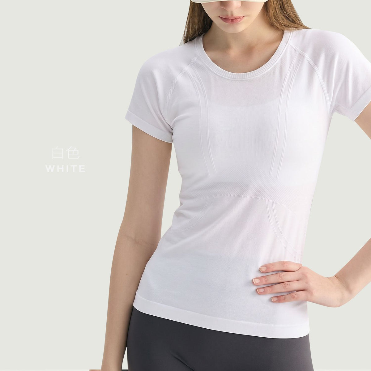 White L size Seamless Yoga Top Women - Lightweight Nylon Short Sleeve Workout Shirt - Breathable Mesh Structure, Slimming Waist Fit, Quick Dry Athletic Tee for Running Gym Fitness