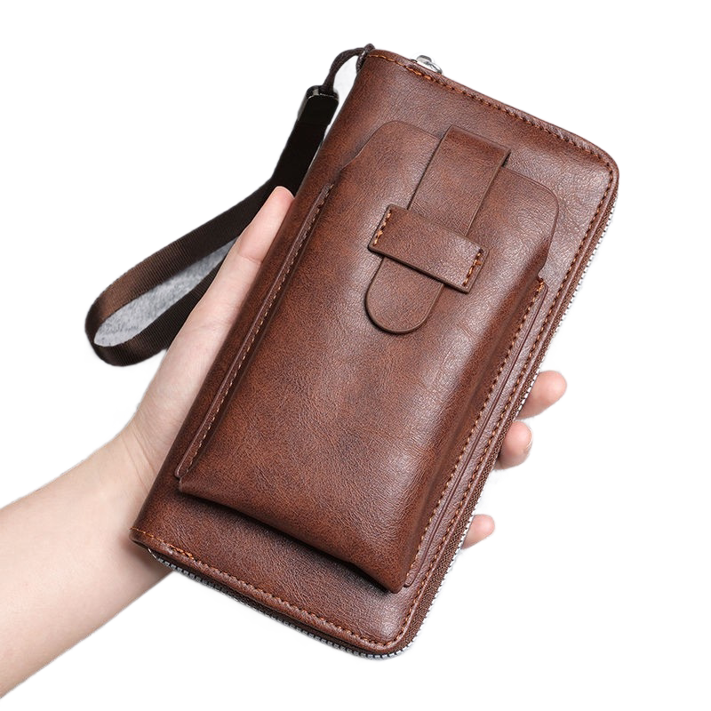 Brown Retro Leather 2-in-1 Men's Wallet & Phone storage pouch - Multi-Card Zipper Clutch with Front Pocket - Vintage Business Pocket for Phone & Cards