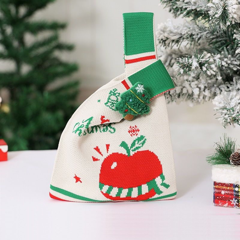 Beige Christmas Knitted Gift Bag - Festive Reusable Tote with Cute Christmas tree shape Plush Charm - Holiday Party Favor & Apple Wrapper for Xmas Decor