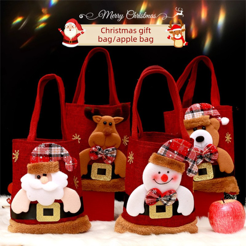 Red Christmas Felt Gift Tote Bag with Cute 3D Doll - Santa Claus style Holiday Party Favor Bag for Xmas Treats & Decor