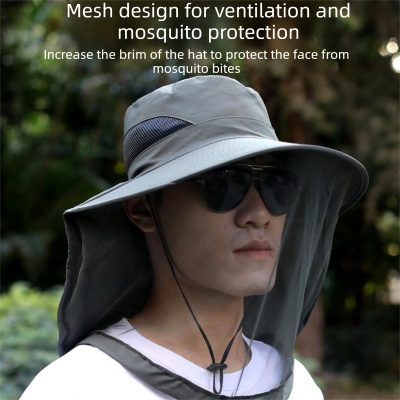 Green Sun Protection Hat with Mosquito Net - Wide Brim Bucket Hat with Neck Flap and Face Mesh, Breathable Outdoor Fishing Cap for Camping and Gardening