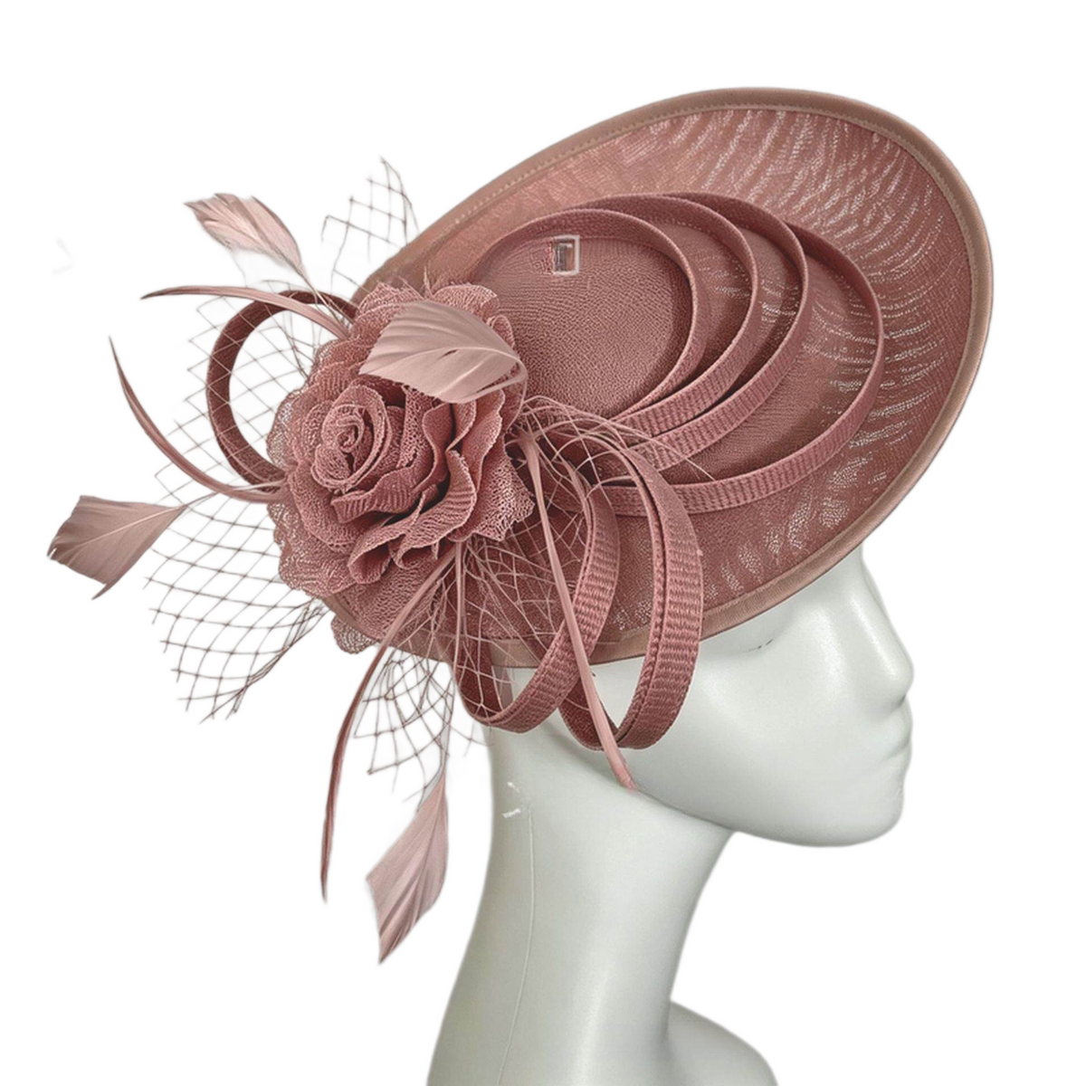 Pink Saucer Fascinator Hat with Handcrafted Mesh Rose - Lightweight Wedding & Horse Race Day Headpiece with Feathers