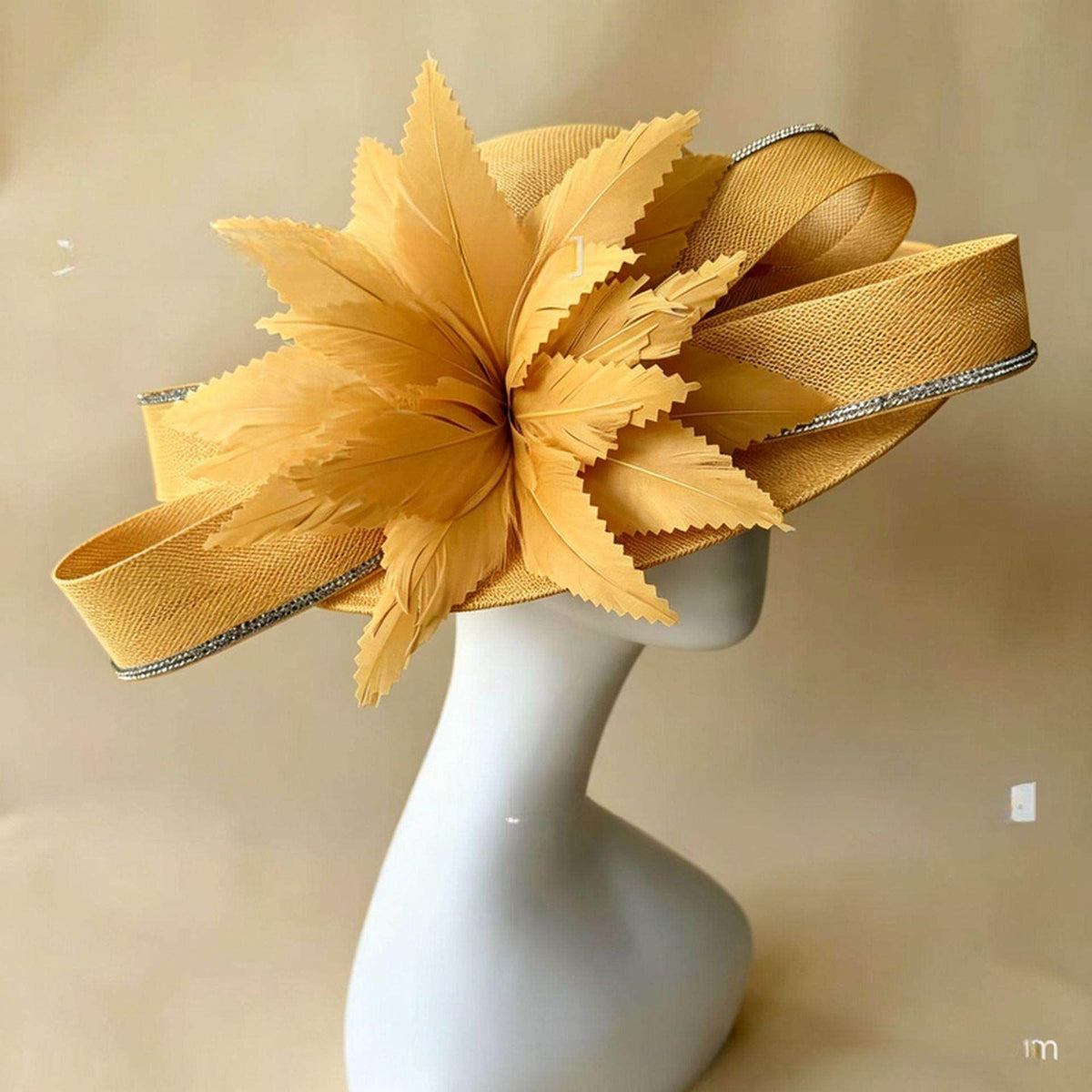 Yellow Oversized Sinamay Statement Fascinator - Large Leaf & Rhinestone Trim Derby Hat for Weddings & Race Day