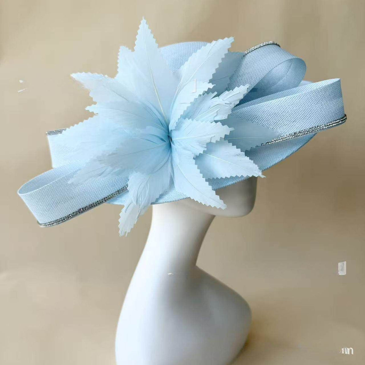 Blue Oversized Sinamay Statement Fascinator - Large Leaf & Rhinestone Trim Derby Hat for Weddings & Race Day