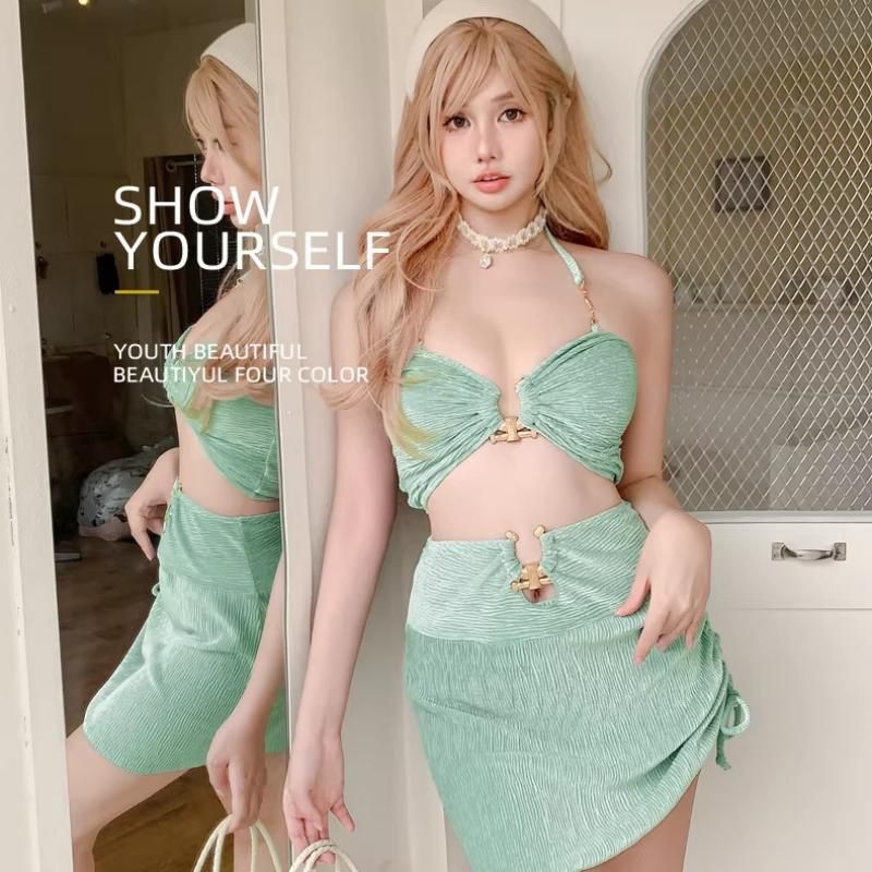 Mint Green Beach Holiday Outfit S size Ruched Halter Bikini Set with Skirt - 3 Piece Polyester Swimwear, Padded Wireless Top & High Waist Cover Up