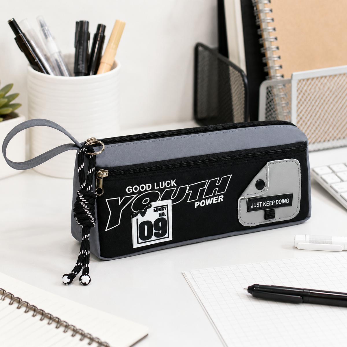 1-Pack Large Capacity Double-Zip Pencil Case (Black and gray color scheme)- Stationery Storage Pouch with Front Pocket, Wrist Strap and 3D Patch, 22 x 6.5 x 10 cm