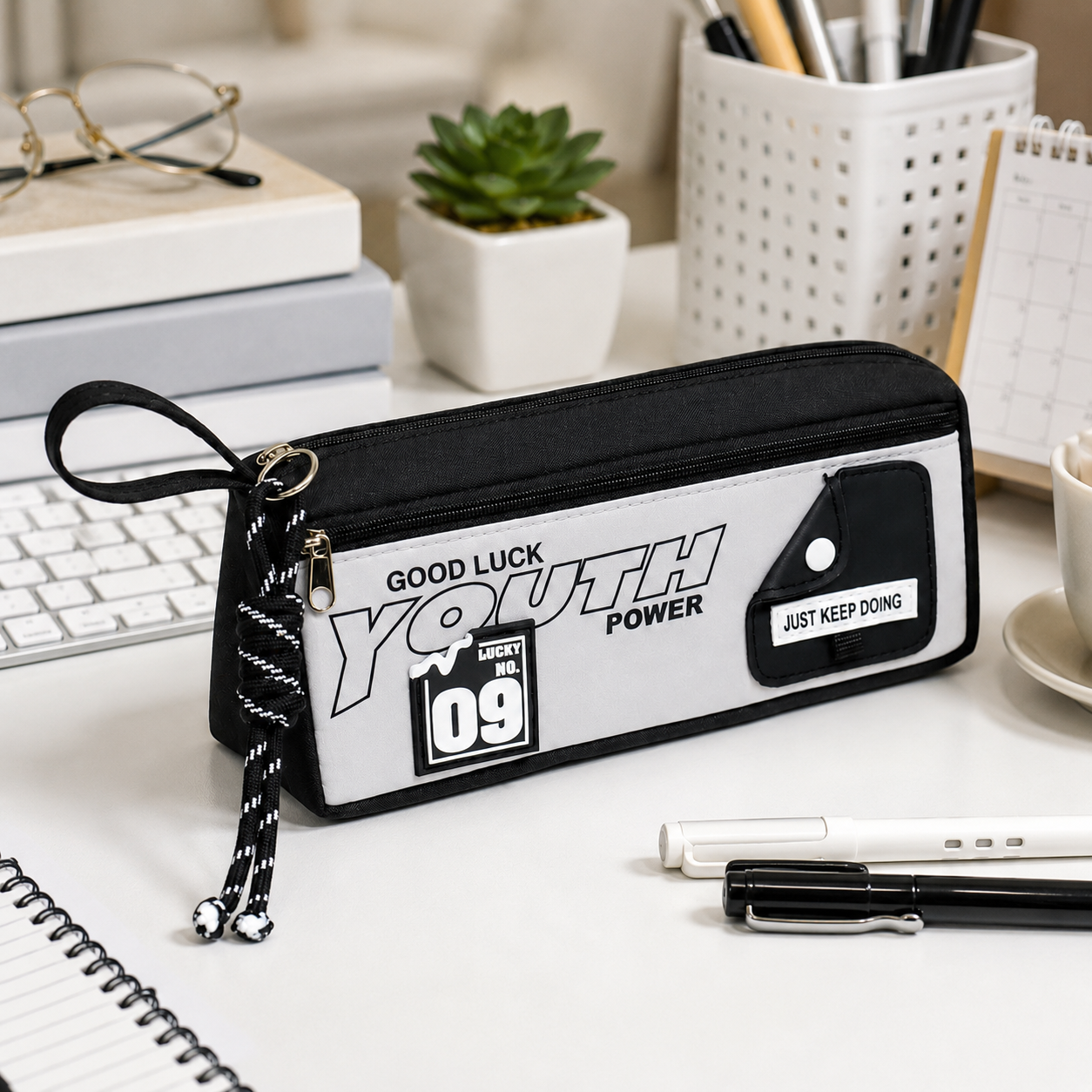 1-Pack Large Capacity Double-Zip Pencil Case (Black and white color blocking)- Stationery Storage Pouch with Front Pocket, Wrist Strap and 3D Patch, 22 x 6.5 x 10 cm