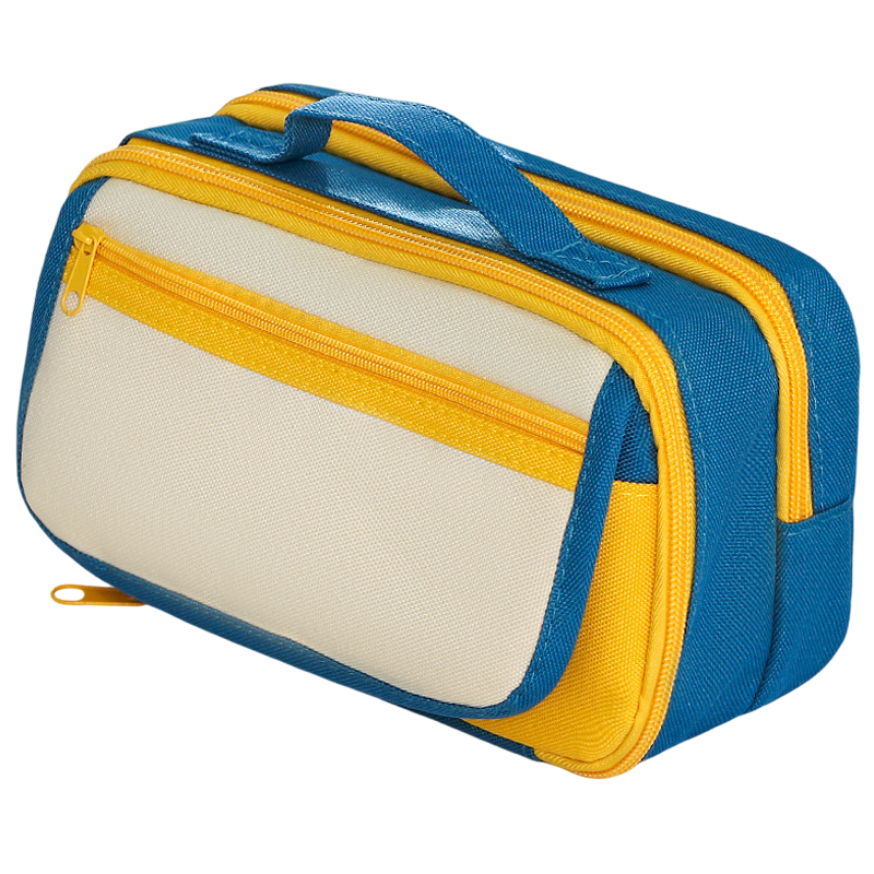 Large Capacity Multi-Layer Pencil Case with Handle - Yellow Contrast Stationery Storage Bag with Multiple Compartments, Magnetic Front Pocket, 21 x 10.5 x 6 cm