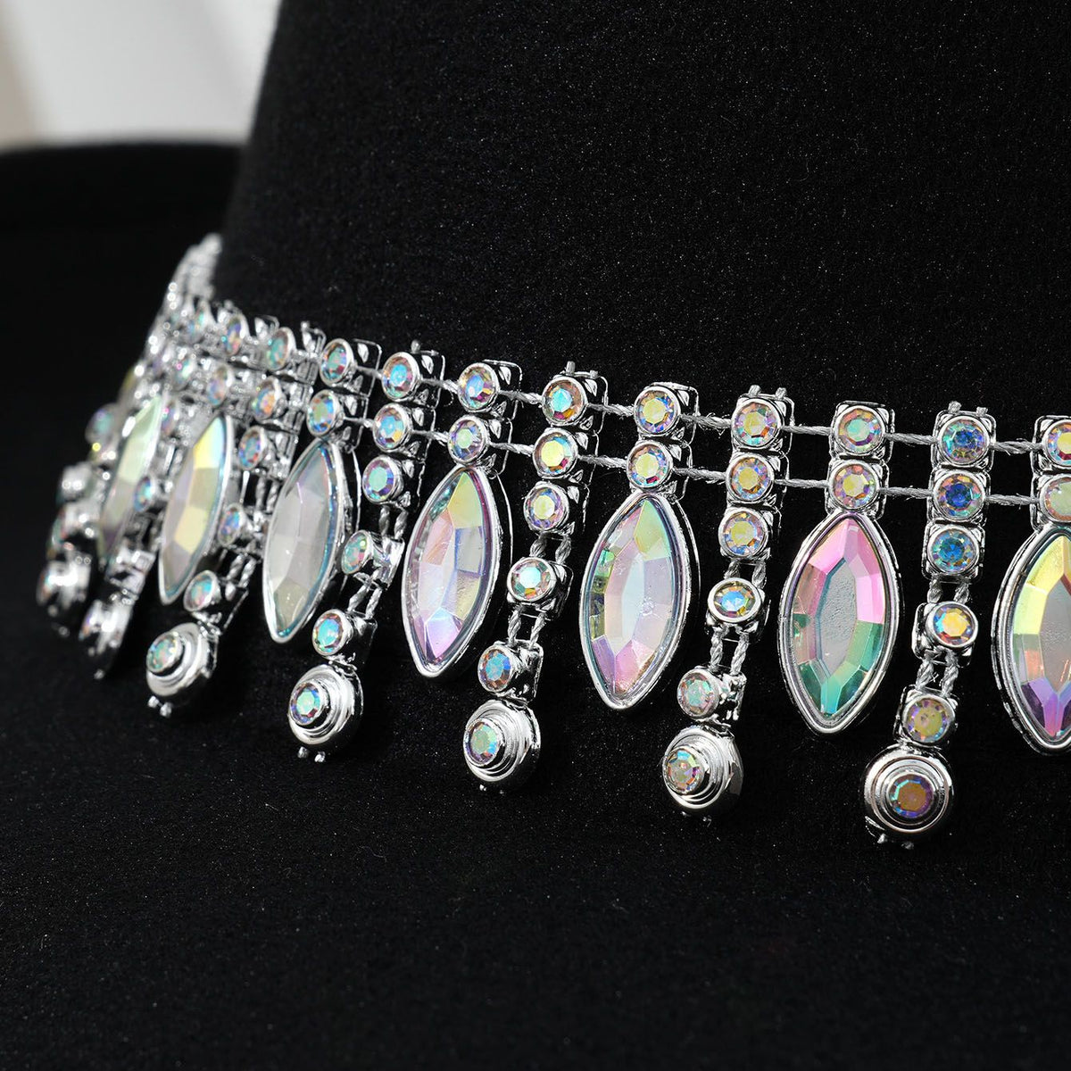 Rhinestone Cowboy Hat - Black Western Hat with Iridescent Gemstone Fringe Band, Wide Curved Brim for Weddings, Parties, Festivals and Stage Outfits