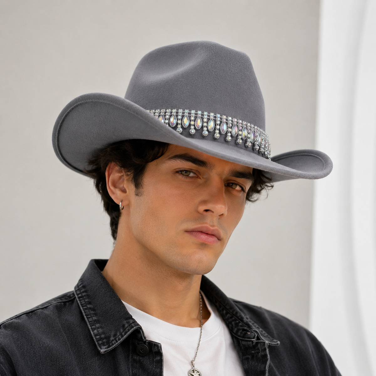 Rhinestone Cowboy Hat - Gray Western Hat with Iridescent Gemstone Fringe Band, Wide Curved Brim for Weddings, Parties, Festivals and Stage Outfits