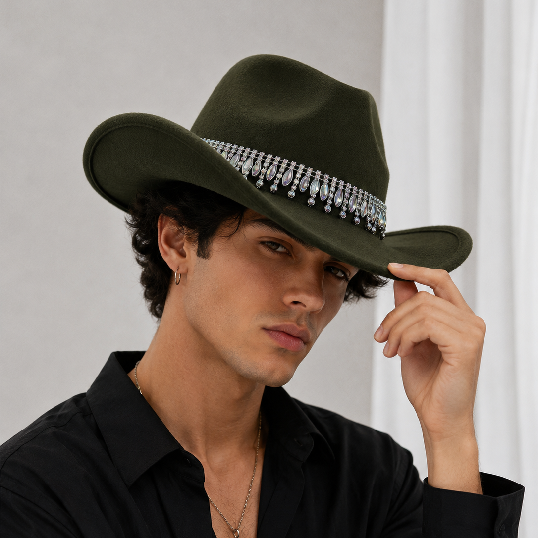 Rhinestone Cowboy Hat - Army Green Western Hat with Iridescent Gemstone Fringe Band, Wide Curved Brim for Weddings, Parties, Festivals and Stage Outfits