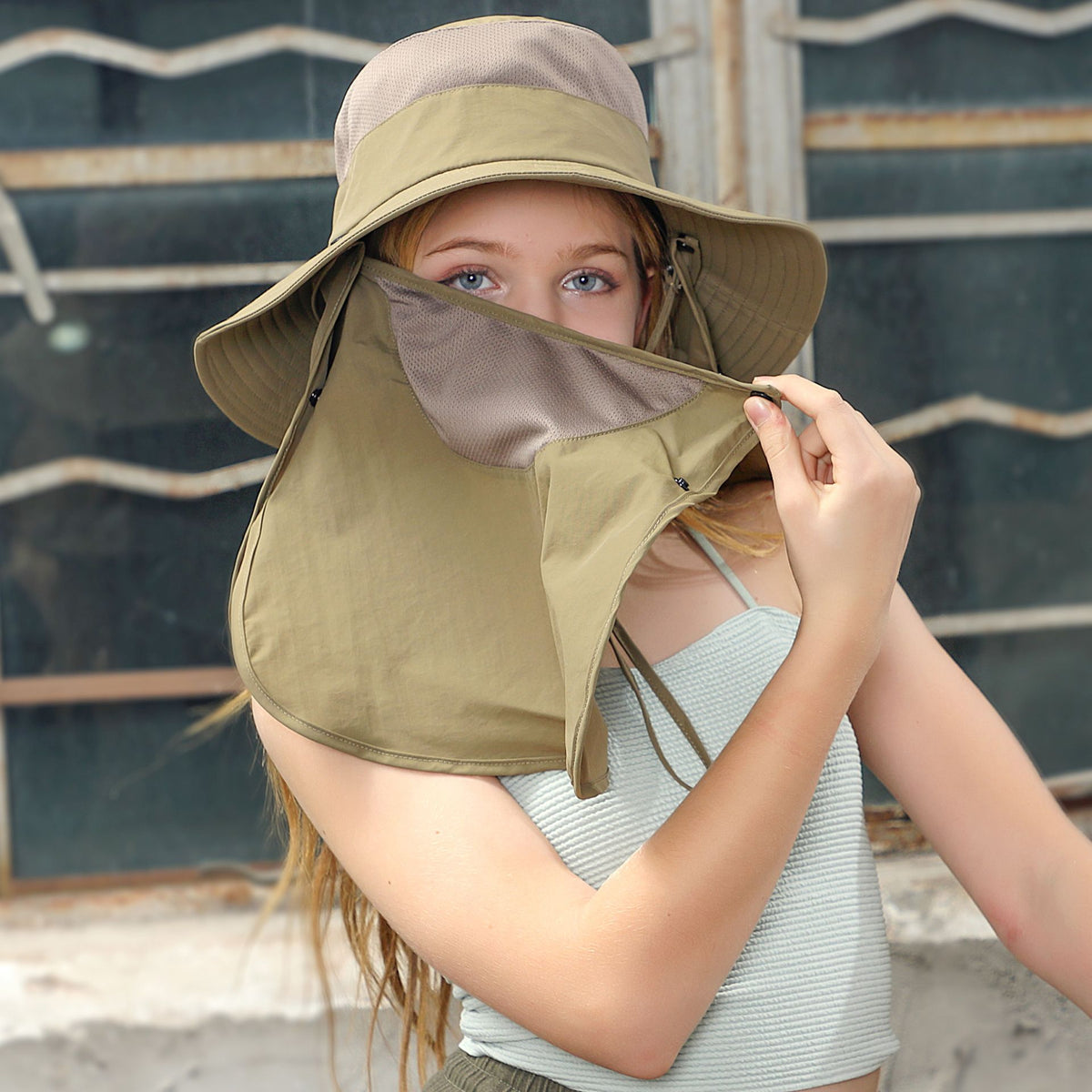 Khaki Wide Brim Sun Hat with Detachable Face and Neck Cover - Large Quick Dry Outdoor Hat with Breathable Mesh, Chin Cord for Hiking, Fishing, Cycling and Travel