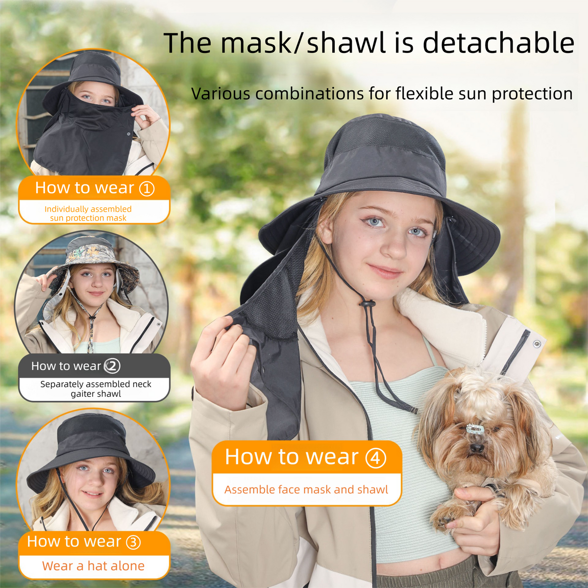 Khaki Wide Brim Sun Hat with Detachable Face and Neck Cover - Large Quick Dry Outdoor Hat with Breathable Mesh, Chin Cord for Hiking, Fishing, Cycling and Travel