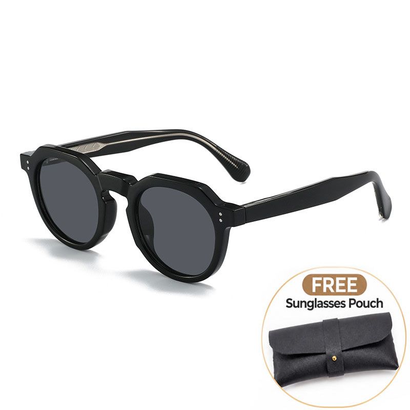 Black Retro Round Sunglasses with Storage Pouch - Lightweight Fashion Sun Glasses with Dark Tinted Lenses for Driving, Travel and Everyday Outdoor Wear