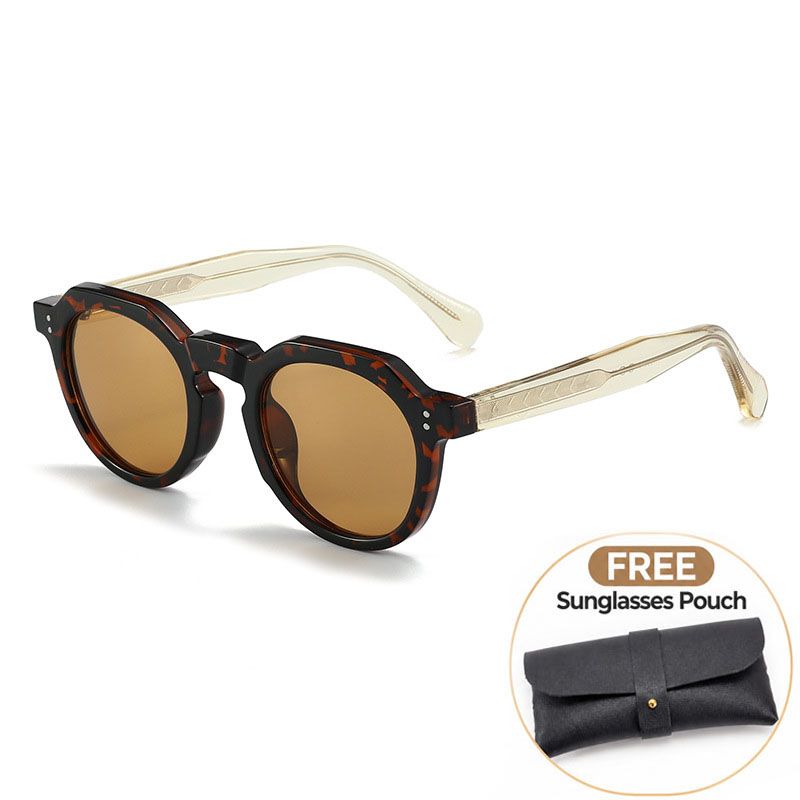 Leopard Print Retro Round Sunglasses with Storage Pouch - Lightweight Fashion Sun Glasses with Dark Tinted Lenses for Driving, Travel and Everyday Outdoor Wear