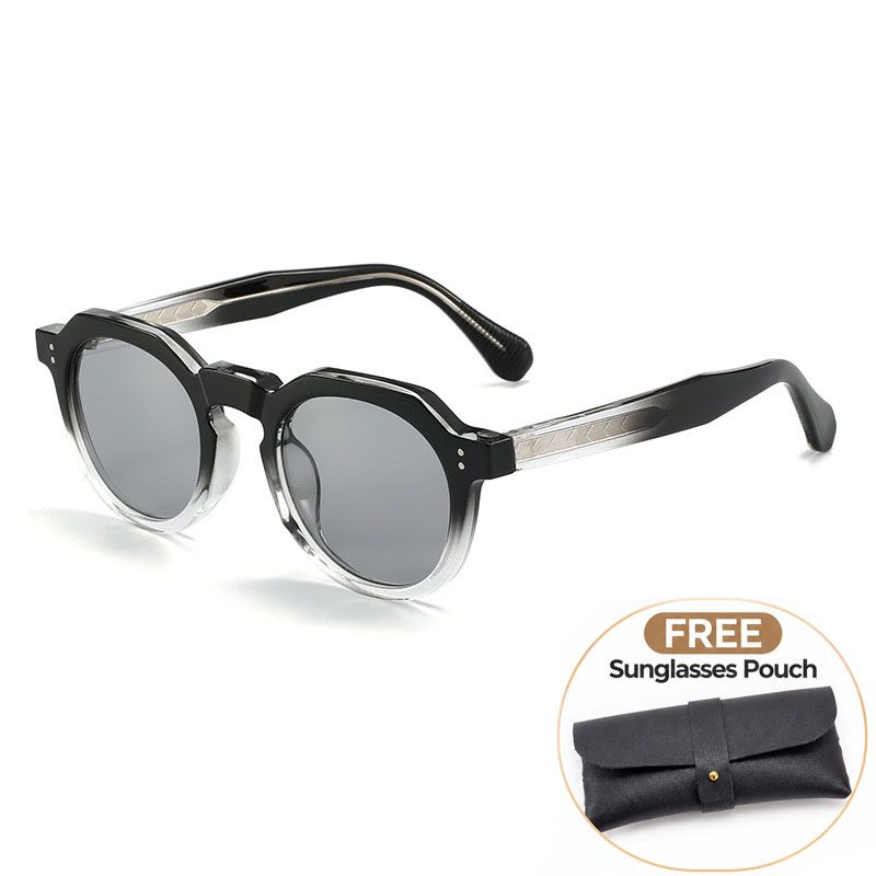 Gradient Black Retro Round Sunglasses with Storage Pouch - Lightweight Fashion Sun Glasses with Dark Tinted Lenses for Driving, Travel and Everyday Outdoor Wear