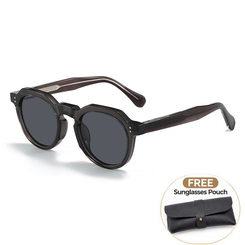 Transparent Gray Retro Round Sunglasses with Storage Pouch - Lightweight Fashion Sun Glasses with Dark Tinted Lenses for Driving, Travel and Everyday Outdoor Wear