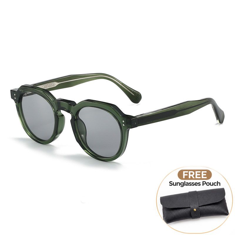 Transparent Green Retro Round Sunglasses with Storage Pouch - Lightweight Fashion Sun Glasses with Dark Tinted Lenses for Driving, Travel and Everyday Outdoor Wear