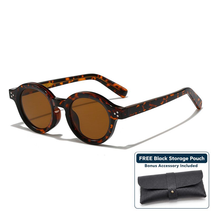 Leopard Print Retro Round Sunglasses with Storage Pouch - 41mm Fashion Tinted Lens Sun Glasses with Slim Temple Design for Travel, Beach, Driving and Everyday Outdoor Wear