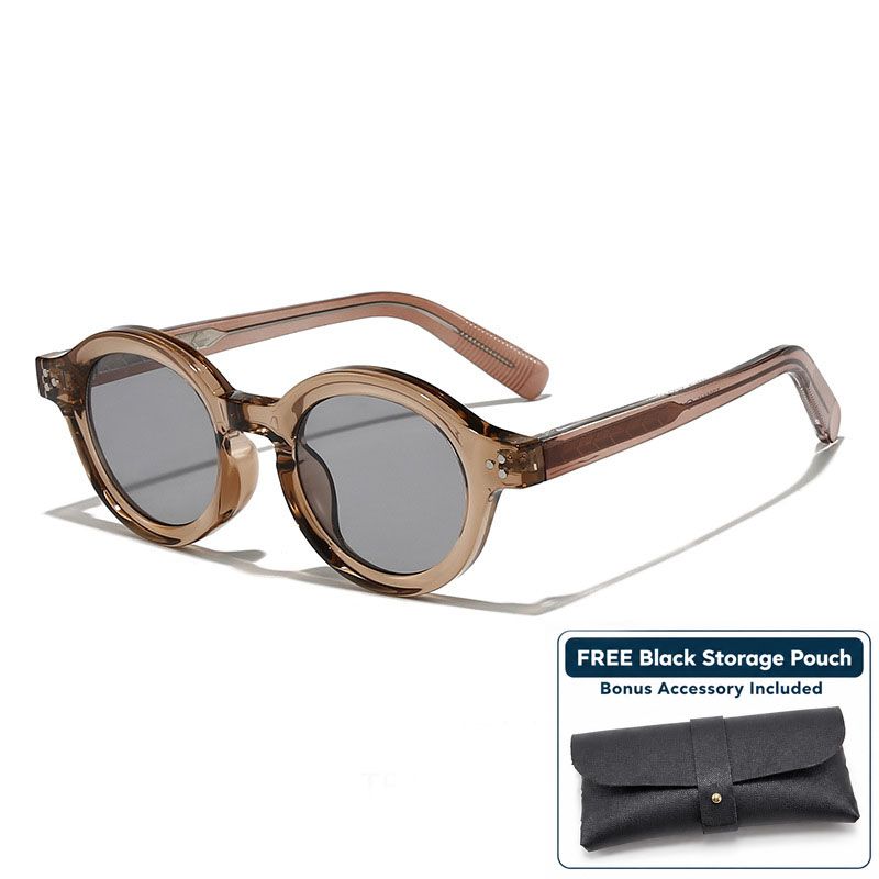Transparent Tea Frame Retro Round Sunglasses with Storage Pouch - 41mm Fashion Tinted Lens Sun Glasses with Slim Temple Design for Travel, Beach, Driving and Everyday Outdoor Wear