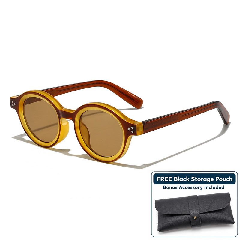 Yellow Two-Tone Retro Round Sunglasses with Storage Pouch - 41mm Fashion Tinted Lens Sun Glasses with Slim Temple Design for Travel, Beach, Driving and Everyday Outdoor Wear