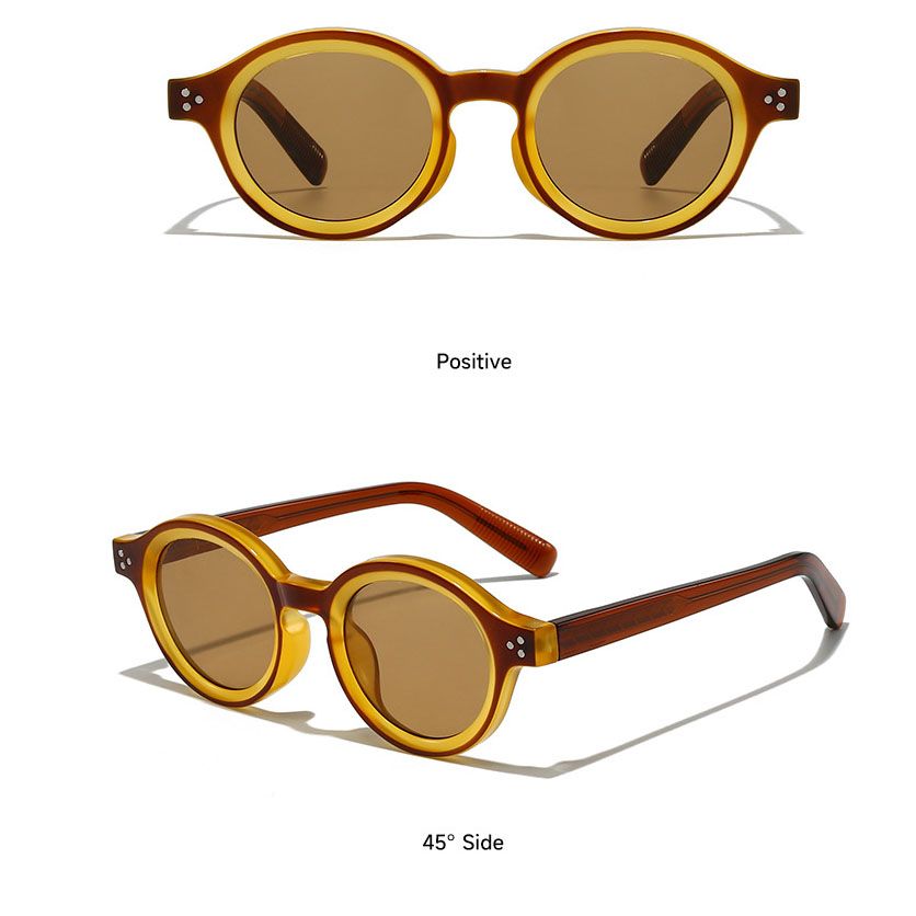 Yellow Two-Tone Retro Round Sunglasses with Storage Pouch - 41mm Fashion Tinted Lens Sun Glasses with Slim Temple Design for Travel, Beach, Driving and Everyday Outdoor Wear