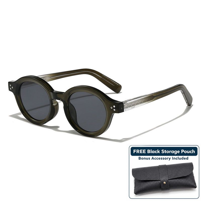 Green Retro Round Sunglasses with Storage Pouch - 41mm Fashion Tinted Lens Sun Glasses with Slim Temple Design for Travel, Beach, Driving and Everyday Outdoor Wear