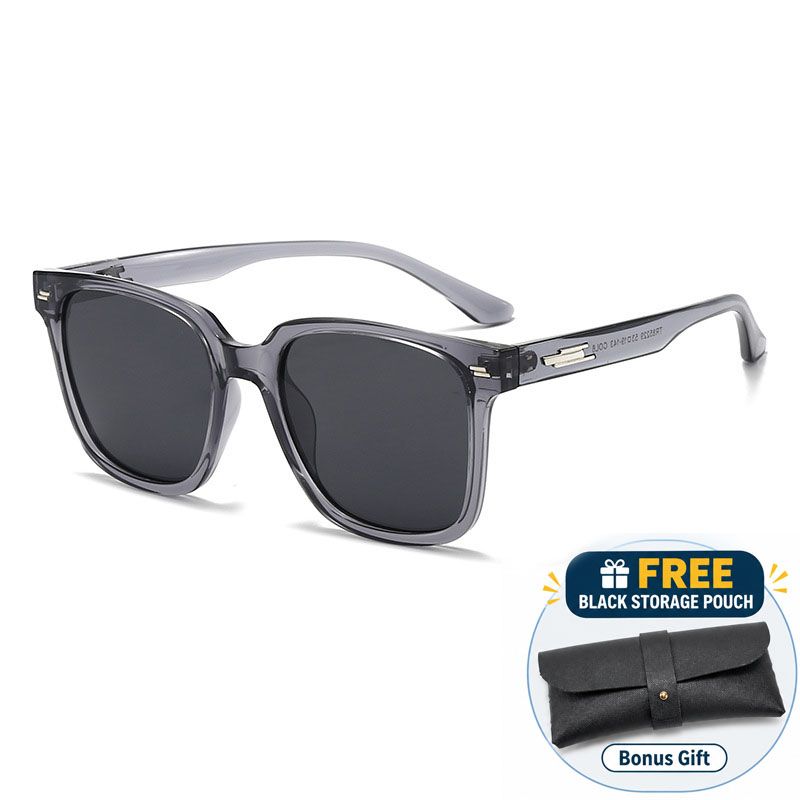 Transparent Gray Polarized Square Sunglasses - Retro Full Rim Fashion Sunglasses with Dark Lenses, Comfortable Nose Bridge and Free Storage Pouch for Driving, Travel and Outdoor Wear