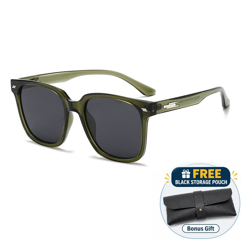 Transparent Green Polarized Square Sunglasses - Retro Full Rim Fashion Sunglasses with Dark Lenses, Comfortable Nose Bridge and Free Storage Pouch for Driving, Travel and Outdoor Wear