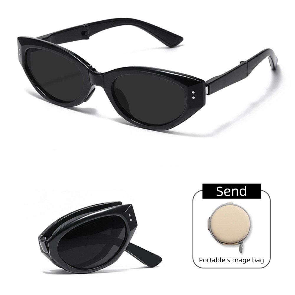 Black Foldable Sunglasses with UV Protection - Lightweight Compact Folding Sun Glasses with Dark Lenses and Round Storage Case for Travel, Driving and Outdoor Wear