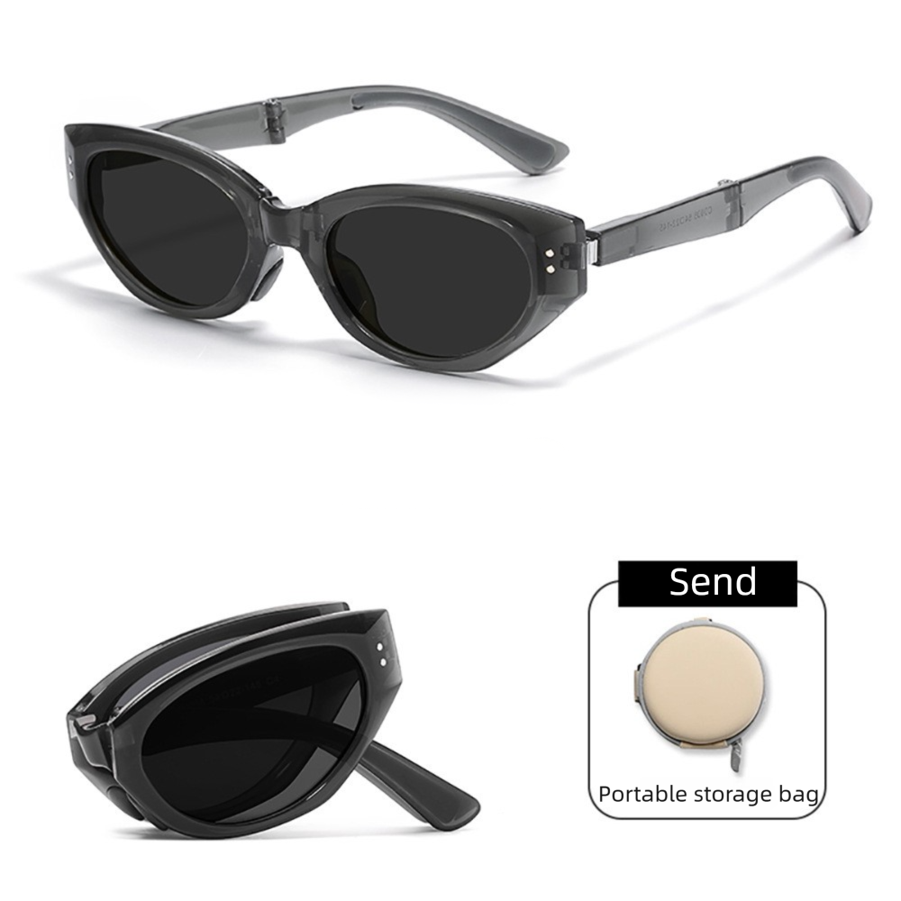 Grey Foldable Sunglasses with UV Protection - Lightweight Compact Folding Sun Glasses with Dark Lenses and Round Storage Case for Travel, Driving and Outdoor Wear