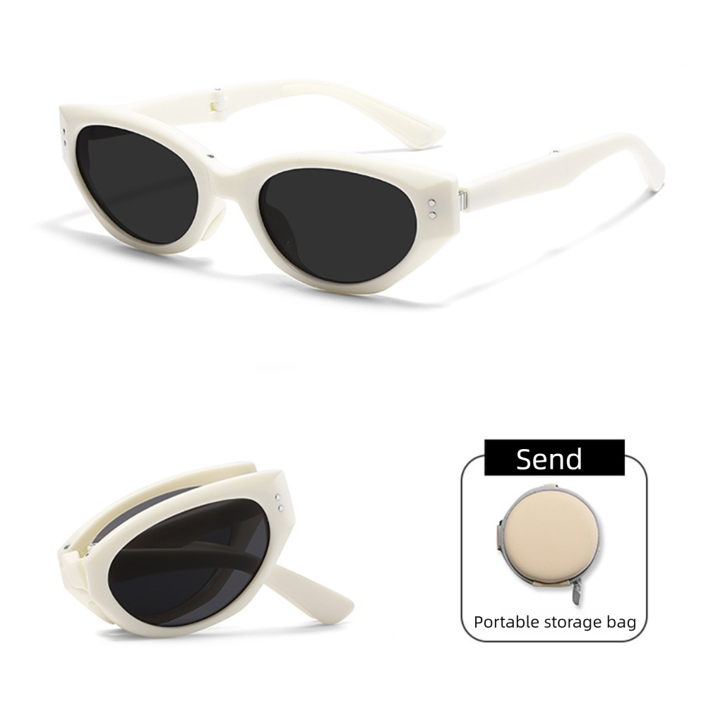 White Foldable Sunglasses with UV Protection - Lightweight Compact Folding Sun Glasses with Dark Lenses and Round Storage Case for Travel, Driving and Outdoor Wear