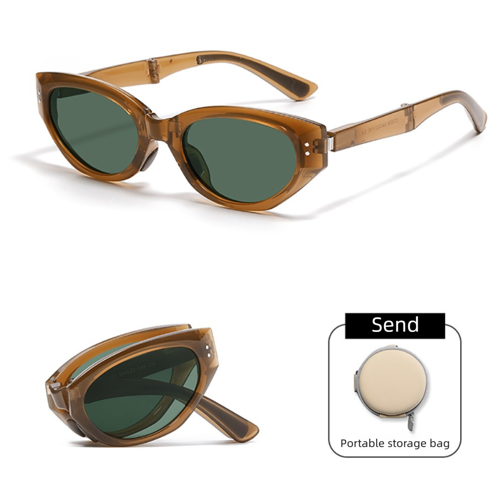 Brown Foldable Sunglasses with UV Protection - Lightweight Compact Folding Sun Glasses with Dark Lenses and Round Storage Case for Travel, Driving and Outdoor Wear
