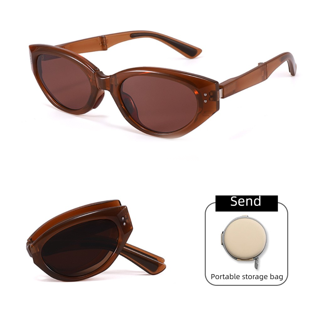 Dark Brown Foldable Sunglasses with UV Protection - Lightweight Compact Folding Sun Glasses with Dark Lenses and Round Storage Case for Travel, Driving and Outdoor Wear