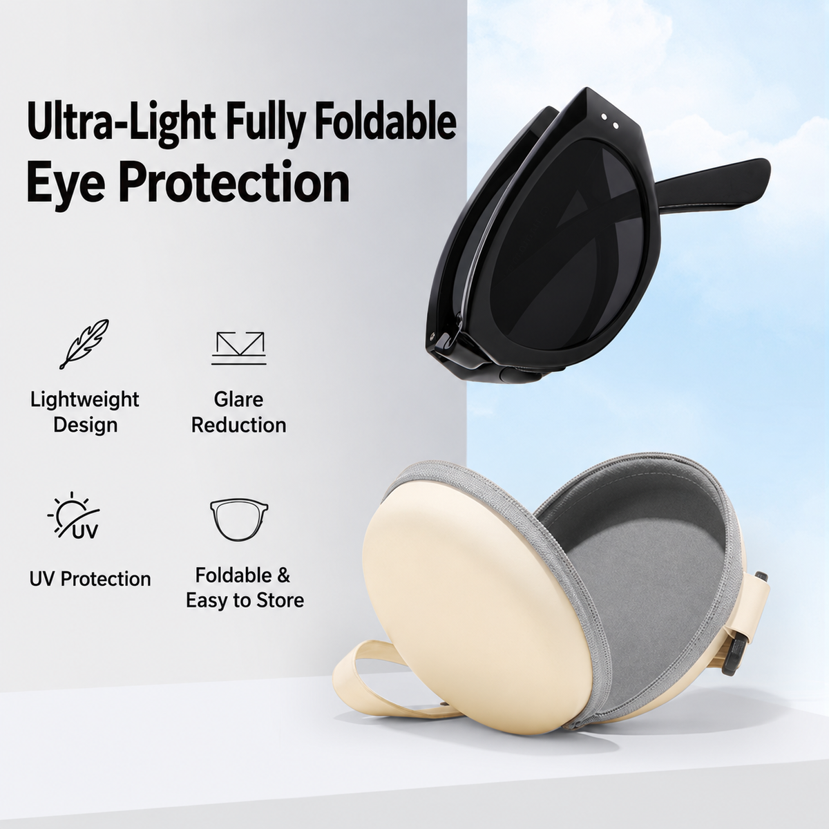 Dark Brown Foldable Sunglasses with UV Protection - Lightweight Compact Folding Sun Glasses with Dark Lenses and Round Storage Case for Travel, Driving and Outdoor Wear