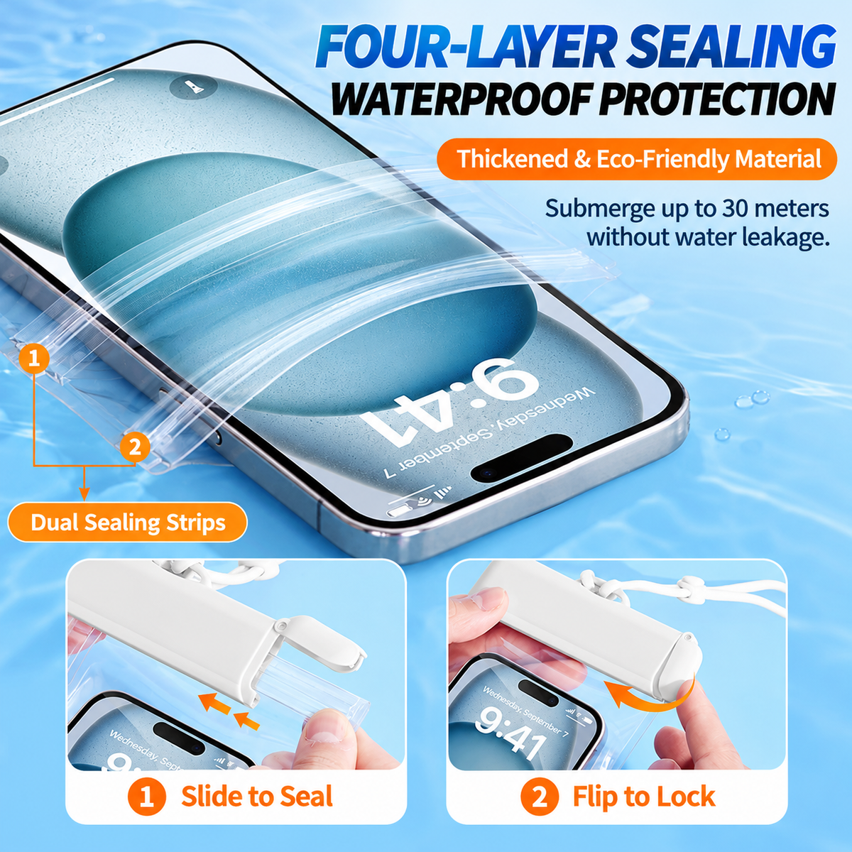 White 3 Pack Waterproof Phone Pouches - Clear Touchscreen Dry Bags with Four Layer Seal and Soft Adjustable Neck Straps for Swimming, Beach, Pool and Water Sports