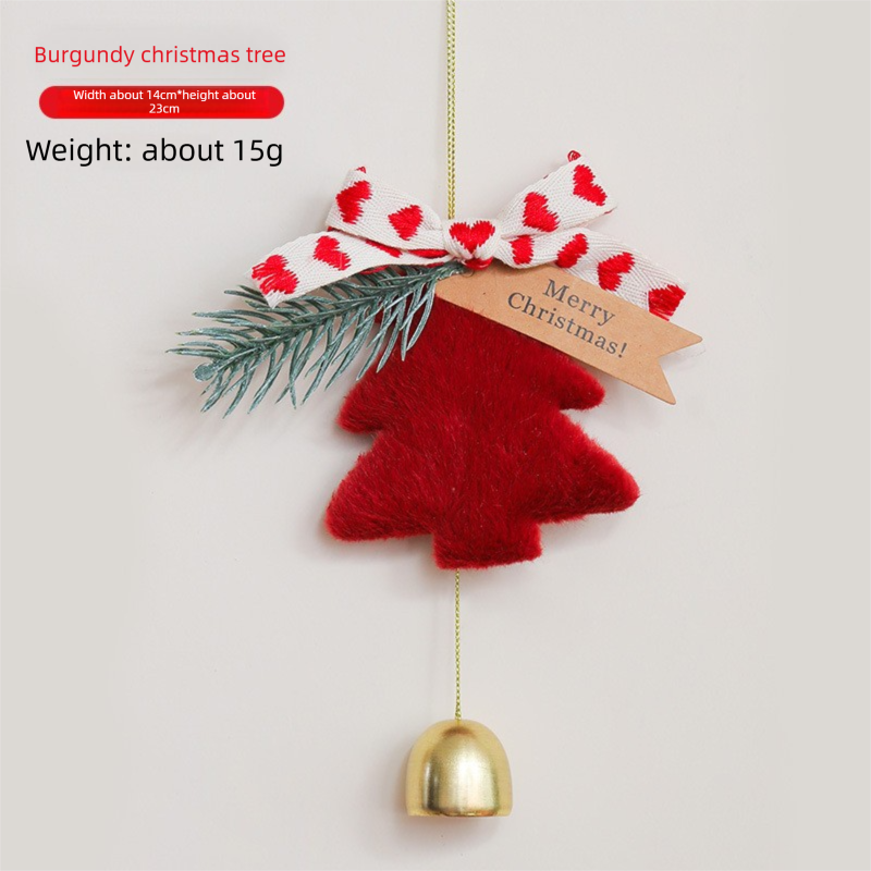 Red Christmas Tree Bell Ornaments 4 Pack - 9 x 7.6 cm Plush Hanging Decorations with Bow, Pine Accent and Bell for Door, Wall, Car and Holiday Decor
