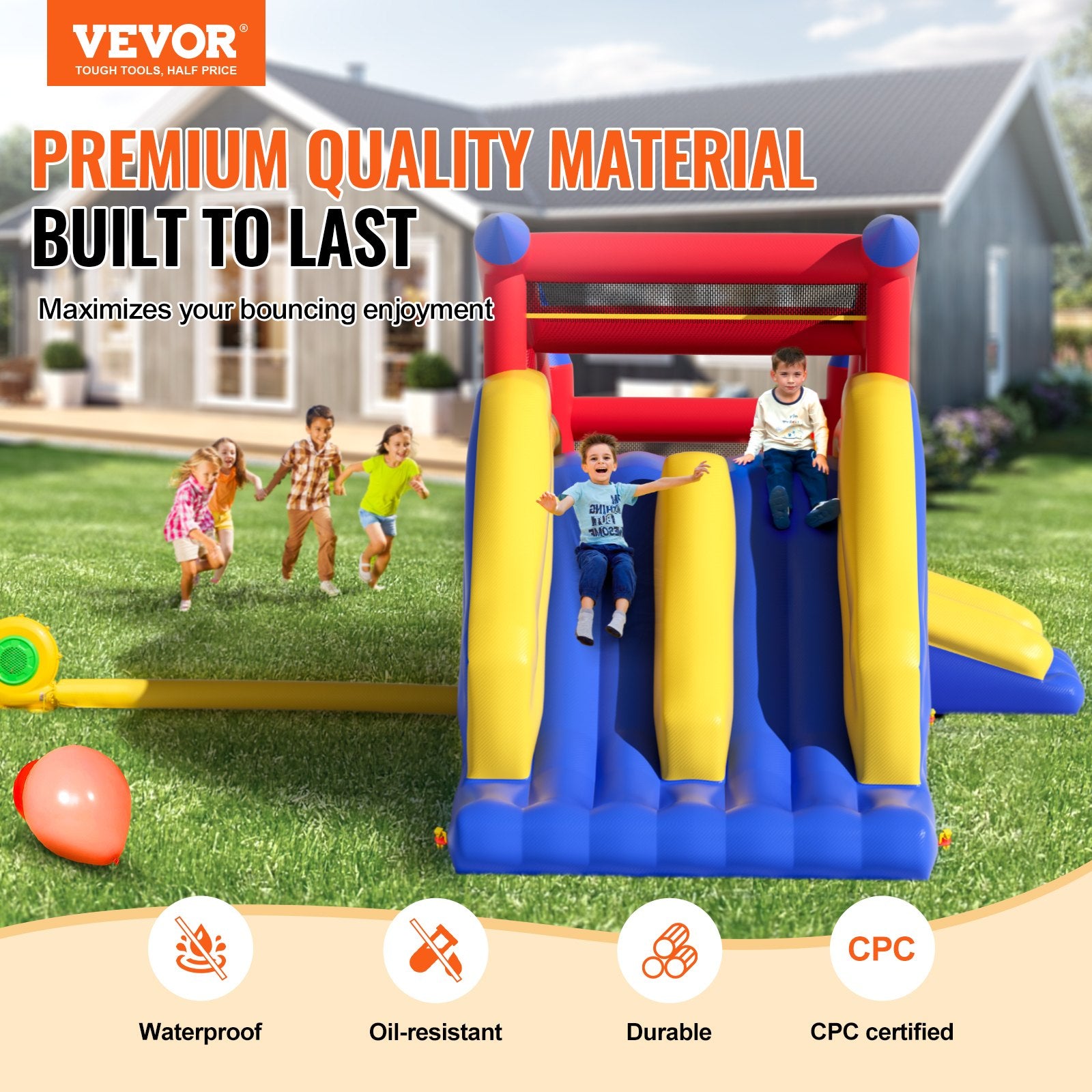 VEVOR Inflatable Bounce House, Outdoor High Quality Playhouse Trampoline, Jumping Bouncer with Blower, Slide, and Storage Bag, Family Backyard Bouncy Castle, for Kid Ages 3_8 Years, 4.6x2.6x2.3m
