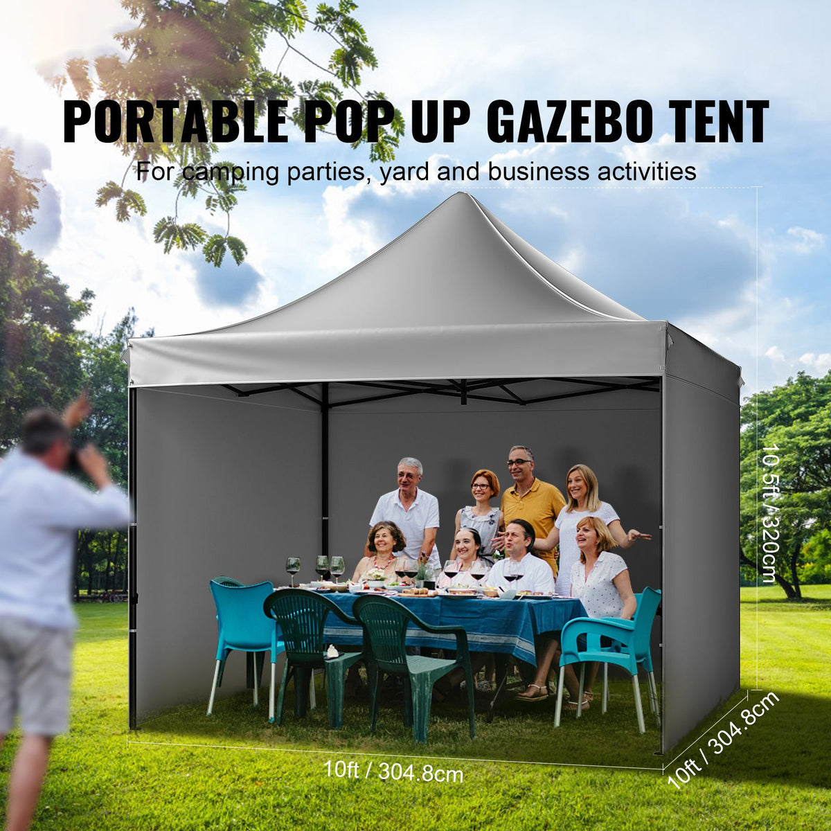 304.8 x 304.8 cm Pop up Canopy with Removable Sidewalls, Instant Canopies Portable Gazebo & Wheeled Bag, UV Resistant Waterproof, Enclosed Canopy Tent for Outdoor Events, Patio, Backyard, Party