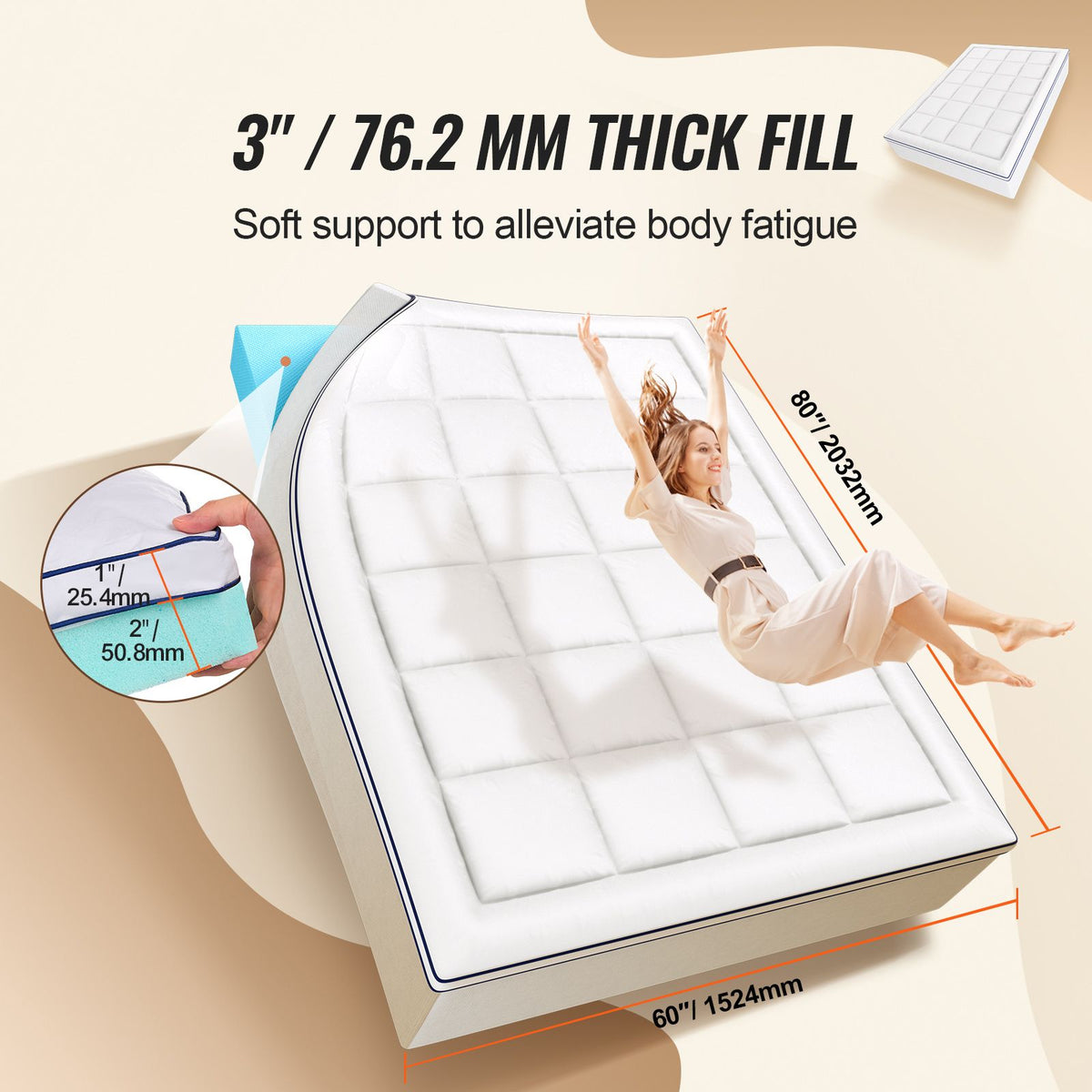 Mattress Topper, Queen Size, 76.2 mm Thickness, Memory Foam, Fiber Fill, Detachable & Washable, Ergonomically Designed for Pressure Relief, Comfortable Cooling & Breathable, for Hot Sleepers